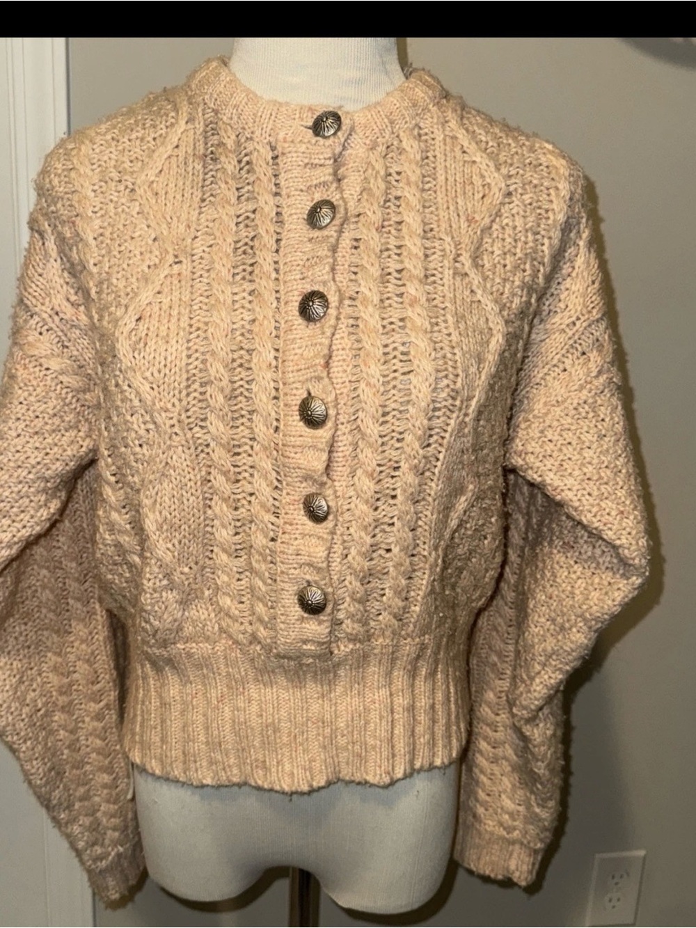 Vtg Liz Claiborne Sport  Cable Sweater M Wool Blend Peach Pink Button Y2K